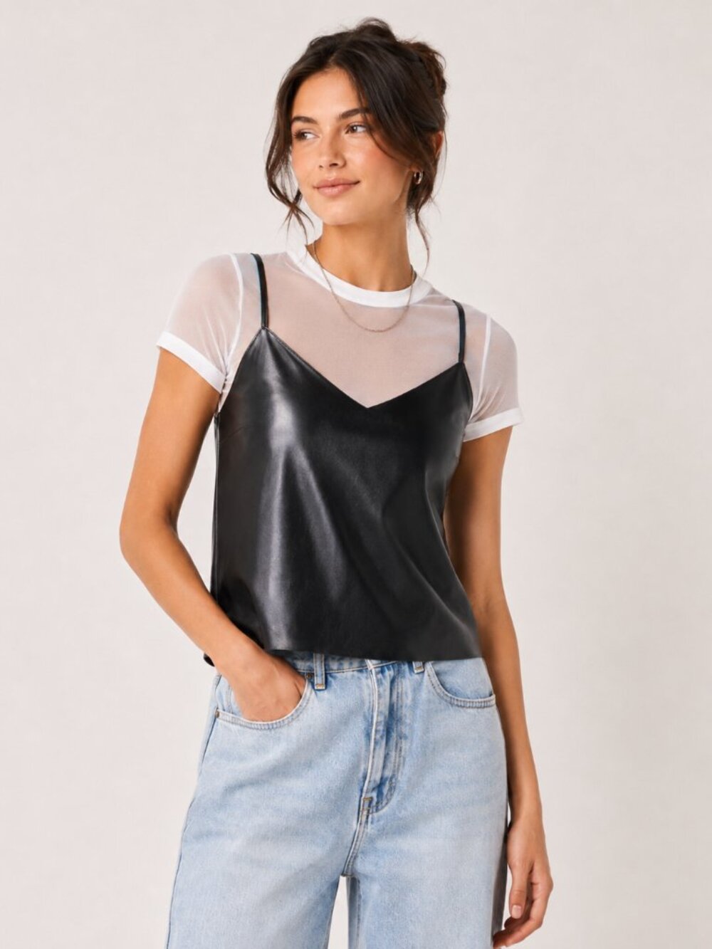 BB DAKOTA Women's Leather Report Vegan Leather Cami Tank Top Spaghetti Strap